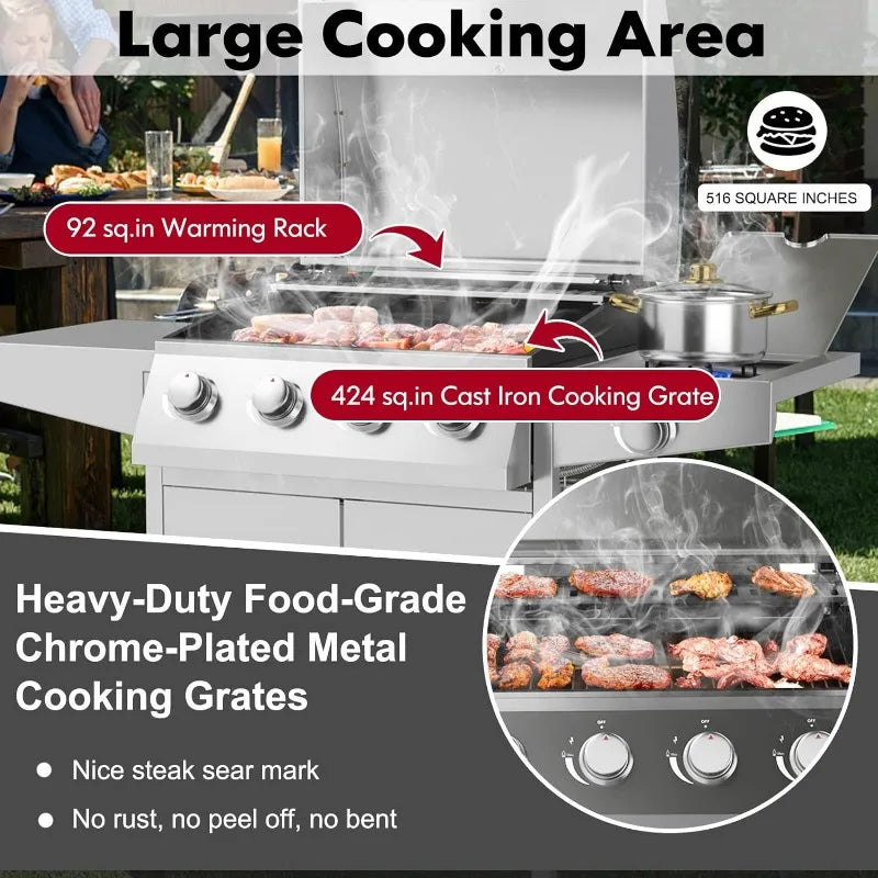 Heavy-Duty BBQ Grill with 4 Main Burners, 1 Side Burner, 2 Prep Tables,