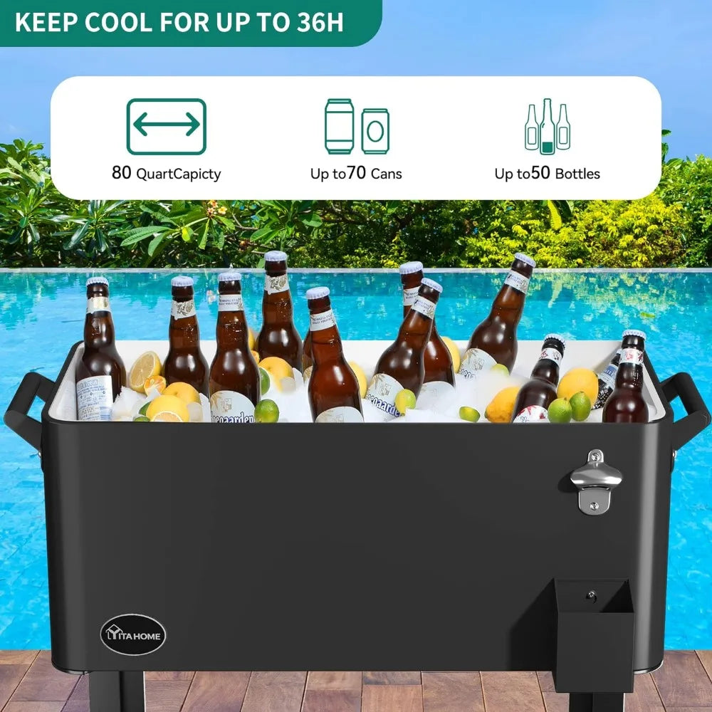 Patio Cooler Cart, for Beverage, Cooler Cart with Bottle Opener Drainage