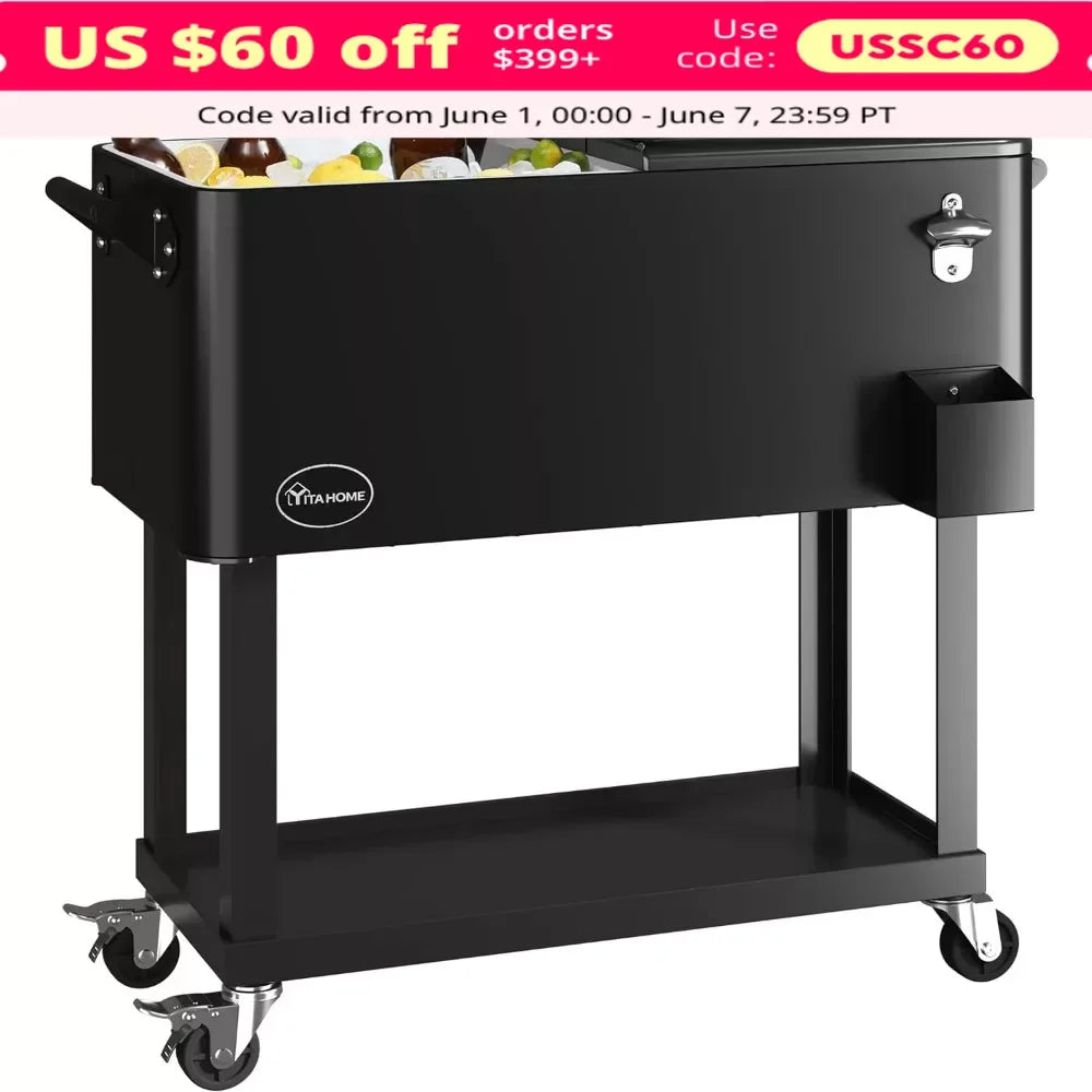 Patio Cooler Cart, for Beverage, Cooler Cart with Bottle Opener Drainage