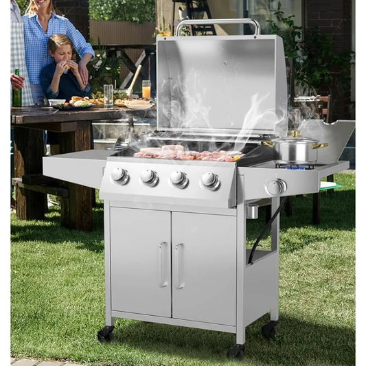 Heavy-Duty BBQ Grill with 4 Main Burners, 1 Side Burner, 2 Prep Tables,