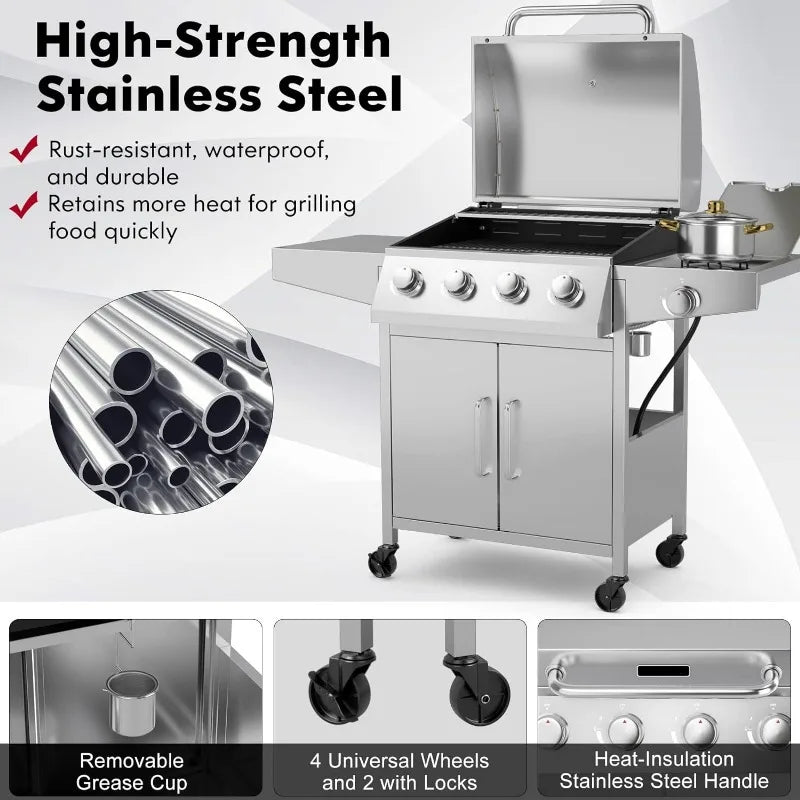 Heavy-Duty BBQ Grill with 4 Main Burners, 1 Side Burner, 2 Prep Tables,